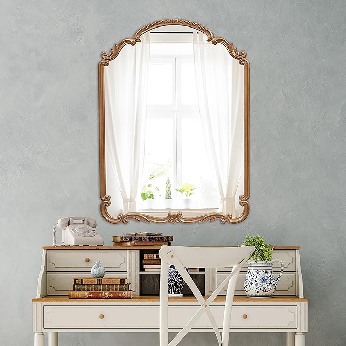 English Estate Carved Arch Wood Wall Mirror, Mirror for Entryway, Living Room, Bathroom, Antique Gold, 22x30