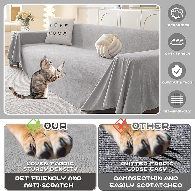 MYSKY HOME Couch Cover Sofa Covers for 3 Cushion Couch, Ultra - Soft Dog Couch Covers Protector for Sectional Sofa, Non Slip Sofa Slipcover Furniture Protector for Pet, 91" x 118", Light Grey