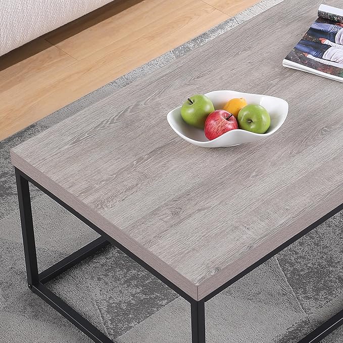 CENSI 47-Inch Grey Wash Accent Coffee Table/Center Table for Living Room, Rectangle Modern Industrial Style,Wood and Metal, Max.Loading 220 lbs. (French Oak)