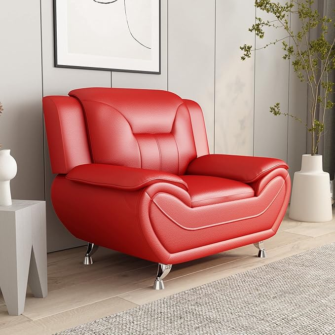 Container Furniture Direct Michael Modern Faux Leather Upholstered Stainless Steel Legs Living Room, Chair, Loveseat, Sofa, White Dove
