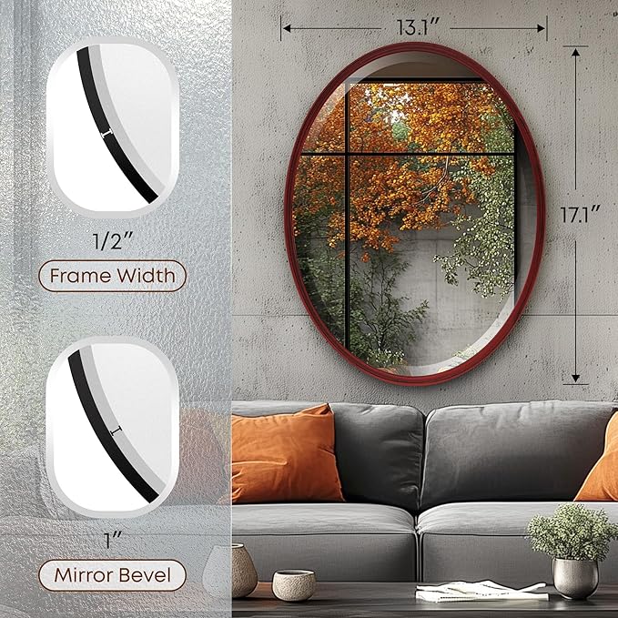 OVALCREST - Oval Wooden Beveled Wall Mirror for Home Decor, Bathroom, Vanity, Bedroom, Living Room, Hallway - London Style (Black Cherry) 13.1 x 17.1