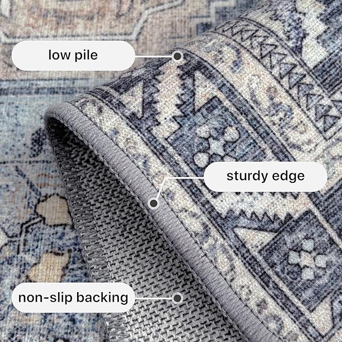 GENIMO 9x12 Area Rugs for Living Room, Machine Washable Non Slip Vintage Rugs, Low Pile Lightweight Chenille Print Rug for Bedroom, Dining Room, Home Office, Brown Blue