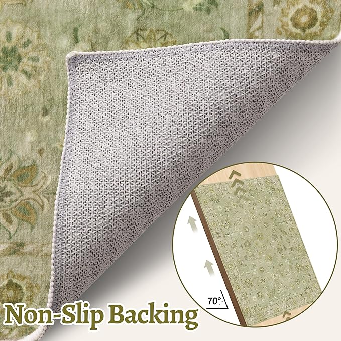 Tangsoo Floral Vintage Rug 2x3 Washable Rug for Entryway, Non Slip Small Area Rugs, Indoor Front Door, Print Distressed Green Door Mat Carpet, Soft Low Pile Rugs for Entrance Kitchen Bedroom
