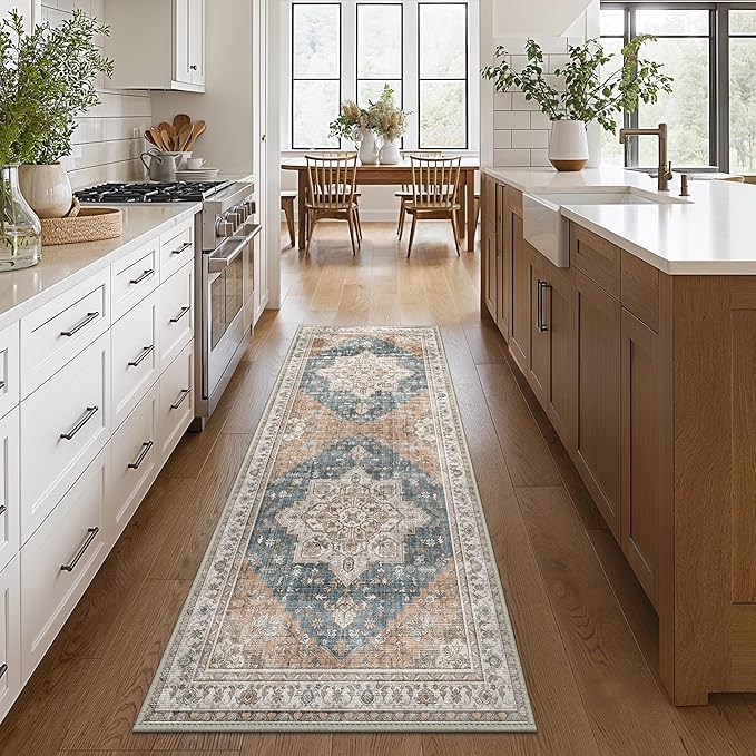 GENIMO 2x10 Runner Rugs for Hallway, Machine Washable Non Slip Vintage Rugs, Low Pile Lightweight Soft Print Rug for enrtyway, Corridor, Home Office, Kitchen, Blue Brown