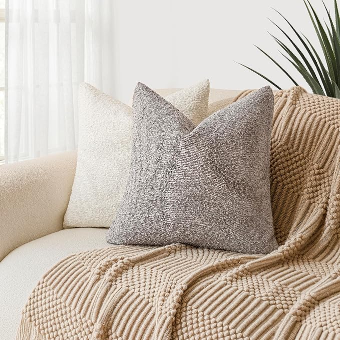 Foindtower Set of 2, Decorative Textured Boucle Throw Pillow Covers Accent Solid Pillow Cases Soft Cozy Couch Cushion Case for Chair Sofa Bedroom Living Room Home Decor 26 x 26 Inch Neutral Grey