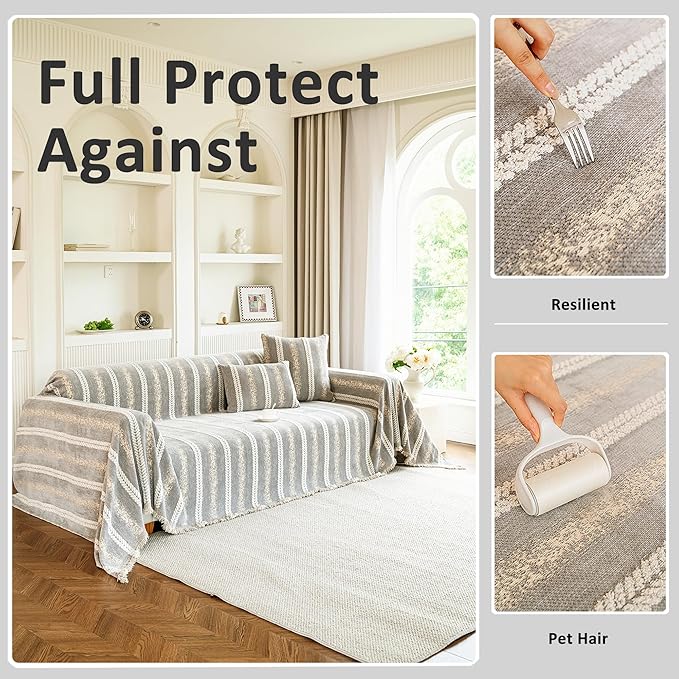 Couch Cover for Dogs Washable Sofa Cover, Sectional Couch Covers, Sofa Covers for 2 Cushion Couch, Non Slip Stripe Sofa Slipcovers Furniture Protector, Couch Protector from Cat Claws, Light,71''x102''