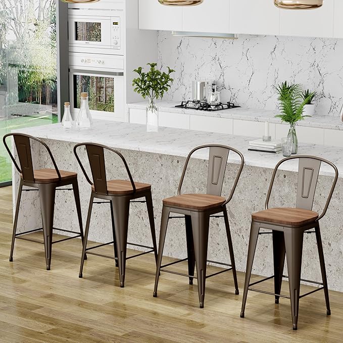 Changjie Furniture 30 Inches Metal Barstools Set of 4 Counter Height Bar Stools Industrial Stools with Backs High Back Chairs for Kitchen Island (30 Inch, Rusty)