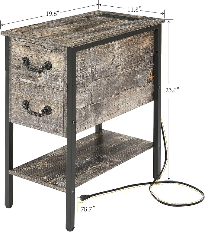 VECELO End Tables,Narrow Nightstands with Charging Station & USB Ports &Drawers,Night Stand for Living Room, Bedroom,Graylish