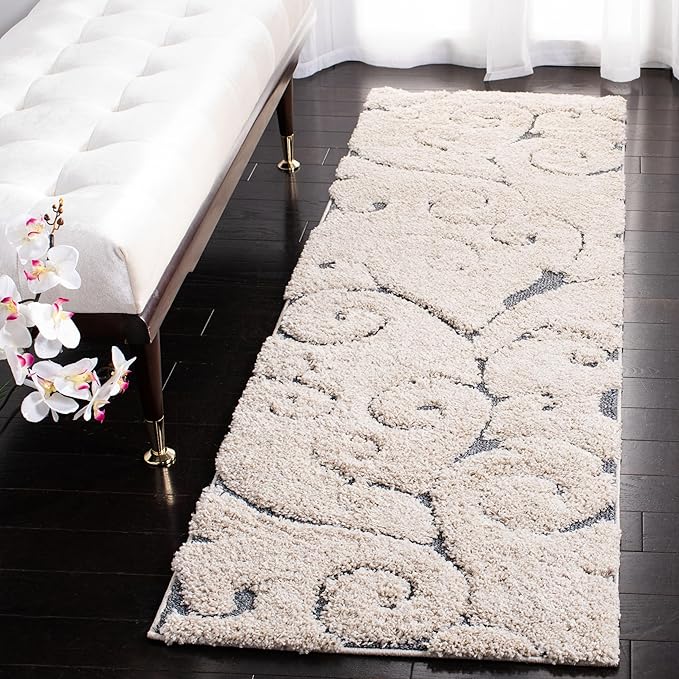 SAFAVIEH Florida Shag Collection Runner Rug - 2'3" x 19', Beige & Blue Grey, Scroll Design, Non-Shedding & Easy Care, 1.2-inch Thick Ideal for High Traffic Areas in Living Room, Bedroom (SG455-1155)