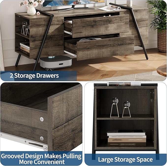 GarveeHome 55" Modern TV Stand, Entertainment Center with 2 Drawers, Adjustable Shelves, U-Shaped Metal Legs, Farmhouse Wooden TV Console for Living Room and Bedroom, Oak