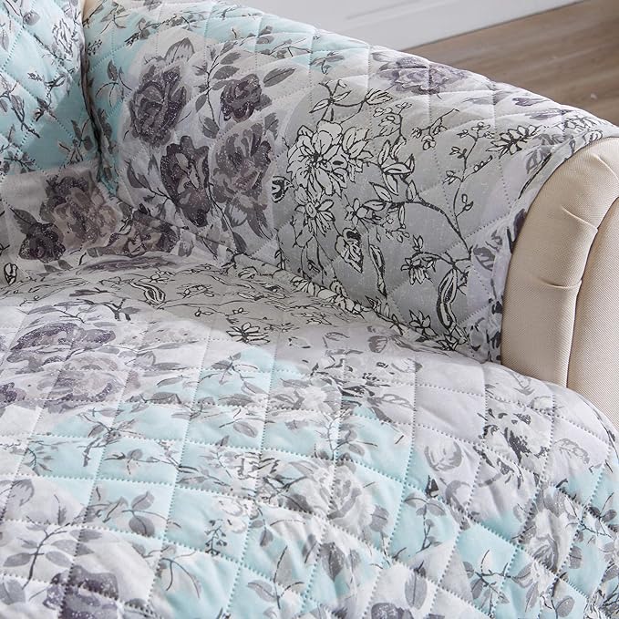Reversible Floral Patchwork Furniture Protector Scalloped Edge Stain Resistant Printed Furniture Protector Maribel Collection (Chair, Gray/Aqua)