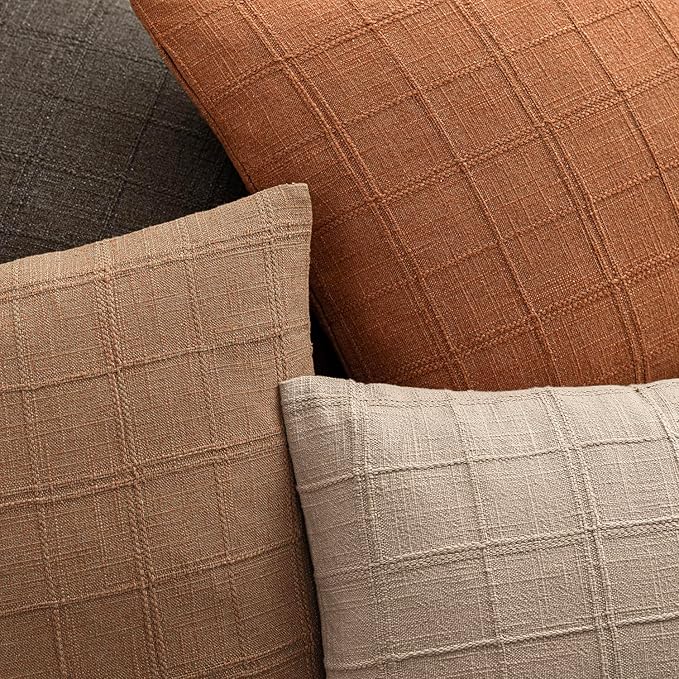 Foindtower Set of 2 Decorative Linen Check Throw Pillow Covers Neutral Farmhouse Vintage Cushion Covers Modern Boho Home Decor for Sofa Chair Couch Bedroom Living Room Outdoor,20×20 Inch,Orange