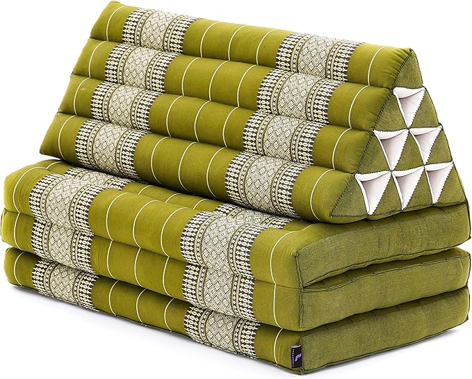 Leewadee Comfortable Japanese Floor Mattress - Thai Floor Bed with Triangle Cushion - Futon Mattress - XL Extra Wide Thai Massage Mat, 67 x 31 inches, Green, Kapok Filling
