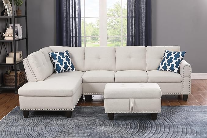 Evan Sectional Sofa or Couch with Ottoman for Living Room, Apartment, Bedroom, Office