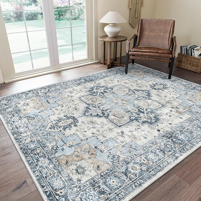 GENIMO 8x10 Area Rugs for Living Room, Machine Washable Non Slip Vintage Rugs, Low Pile Lightweigt Chenille Print Indoor Rug for Bedroom, Dining Room, Home Office, Blue