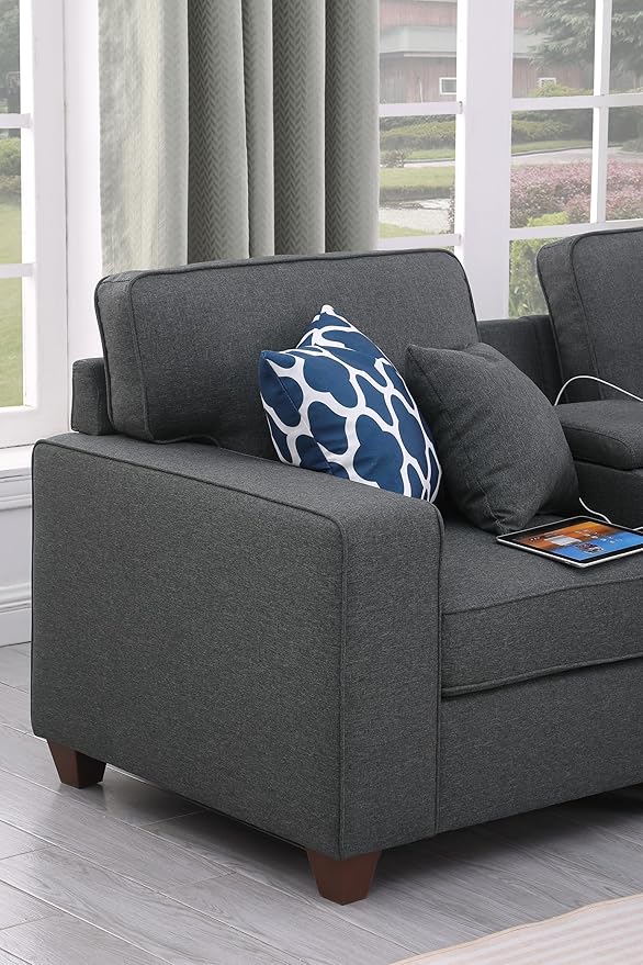 127" L-Shaped Sectional Couch with Movable Ottoman & 6 Throw Pillows,7 Seat Chenille Upholstered Sofa W/2 Cup Holders,USB Port & Hidden Storage Box,DIY Combination,for Living Room,Apartment,Gray