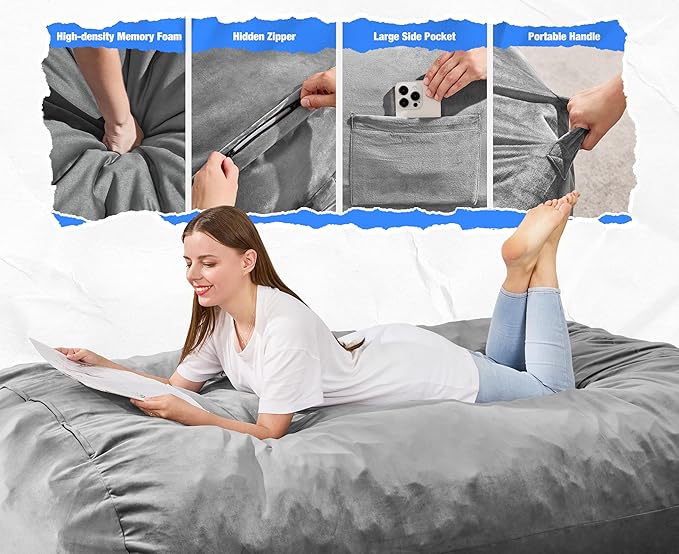 Hobestluk 5FT Bean Bag Chair Large Beanbag Lounger with Removable Cover Adult Bean Bag Chair with Portable Handle Desgin for Living Room Bedroom (Grey, 5FT)