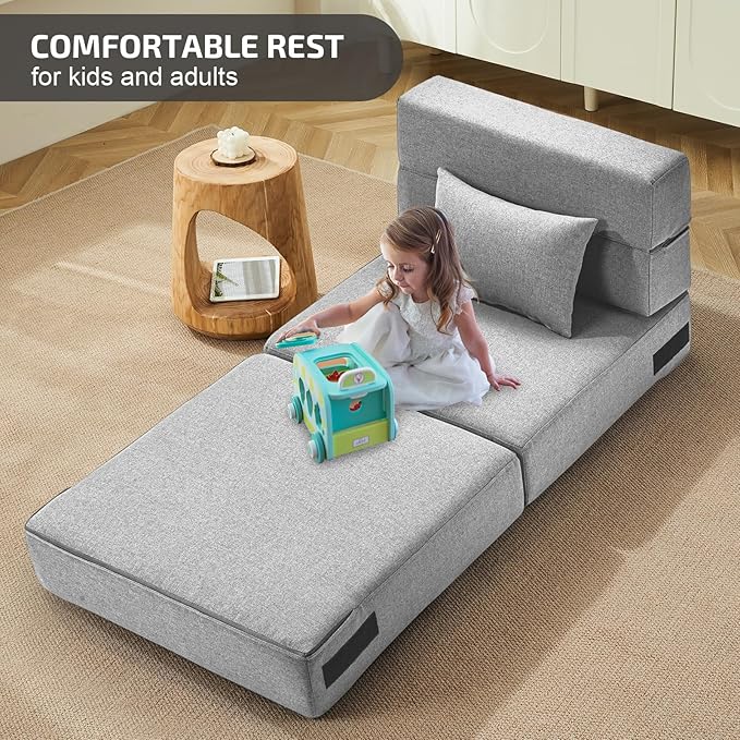 Folding Sofa Bed with Pillow- Convertible Chair Floor Couch & Sleeping Mattress, Foldable Memory Foam Sleeper for Living Room/Dorm/Guest Room/Home Office/Apartment/Loft, Single26, Light Gray