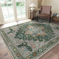 GENIMO 8x10 Area Rugs for Living Room, Machine Washable Non Slip Vintage Rugs, Low Pile Lightweight Chenille Print Rug for Bedroom, Dining Room, Home Office,Pine Green