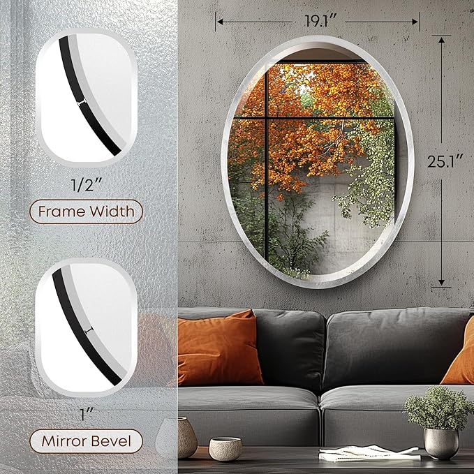 OVALCREST - Oval Wooden Beveled Wall Mirror for Home Decor, Bathroom, Vanity, Bedroom, Living Room, Hallway - London Style (Silver Leaf with Brown Antique) 19.1 x 25.1