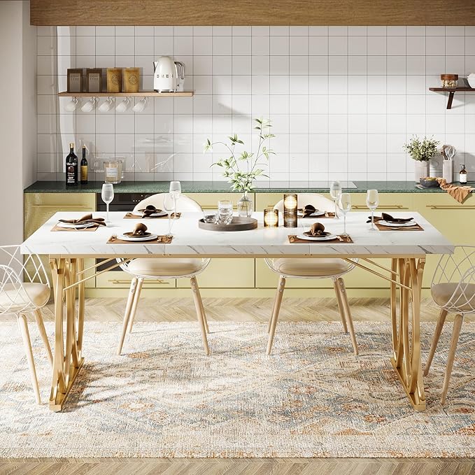 Tribesigns Modern Dining Table, 63" Large Kitchen Table for 4-6 People, Unique Rectangular Dinner Table Kitchen & Dining Room Furniture with Faux Marble Tabletop and Geometric Legs