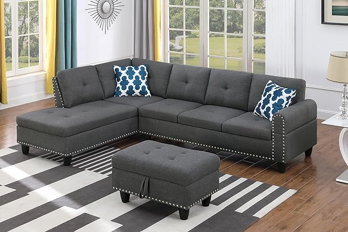 Ball & Cast 98" L Shaped Modular Sectional Couch for Living Room with Chaise & Storage Ottoman,4 Seat Linen Upholstered Sectional Sofa Set 3 PCS W/Cup Holders & Coffee Table,for Home,Office,Dark Gray