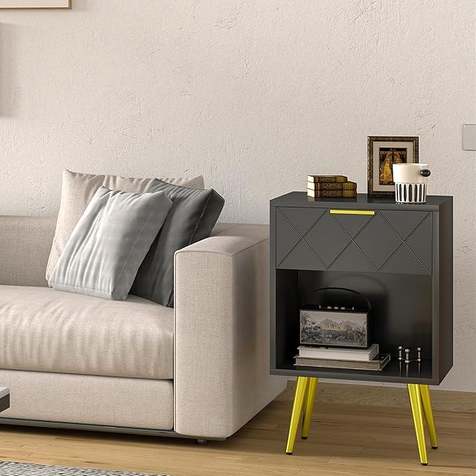 Black Nightstand, Bedside Table with Storage Drawer and Open Wood Shelf, Side Table with Gold Legs, Modern Style Night Stand End Table Drawer Dresser for Living Room Bedroom MLBZ19B