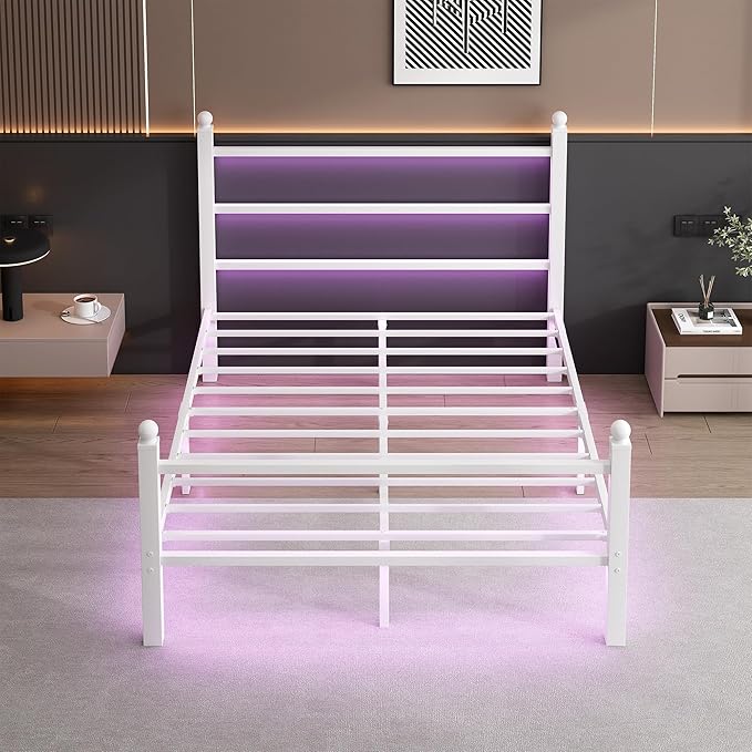 Queen Bed Frame with Headboard and Footboard,Steel Slats Support-LED Bed Frame with USB Charging Station,Mattress Foundation-Under Bed Storage,No Box Spring Needed,Noise Free,White