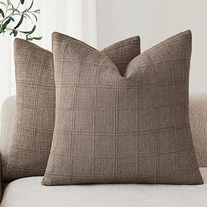 Foindtower Set of 2 Decorative Linen Check Throw Pillow Covers Neutral Farmhouse Vintage Cushion Covers Modern Boho Home Decor for Sofa Chair Couch Bedroom Living Room Outdoor,16×16 Inch,Taupe Grey