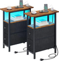 End Table Set 2 with Charging Station, Narrow Side Table with 2 Fabric Drawers, Skinny Nightstand with LED Light, Slim Bedside Table for Bedroom, Living Room, Small Spaces, Brown and Black