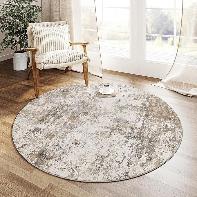 3x3 Washable Round Rug Brown Grey Neutral Abstract Entryway Non Slip Low Pile Area Rug Living Room Bedroom Indoor Doormat Small Soft Carpet for Entrance Bathroom Kitchen