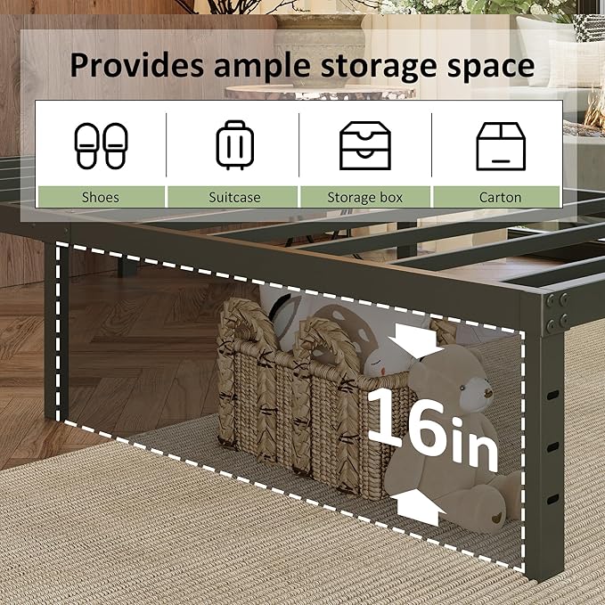 EMODA 18 Inch King Bed Frame with White Fabric Cover, Heavy Duty Metal King Platform Bed Frame No Box Spring Needed, Noise Free, Easy Assembly