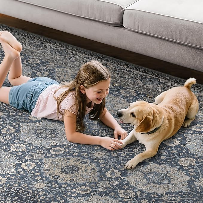 8X10 Area Rugs Machine Washable Rugs for Living Room, Vintage Boho Large Rugs for Bedroom Dining Room, Non Slip Indoor Soft Distressed Lightweight Thin Low Pile Carpet, Slate Blue