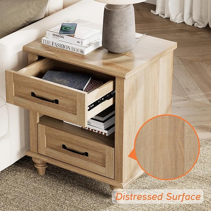 WAMPAT Set of 2 Oak Nightstands Side Tables with Charging Station, Farmhouse End Table with 2 Drawers & Shelf for Living Room, Light Wood Night Stand Bedside Table for Bedroom