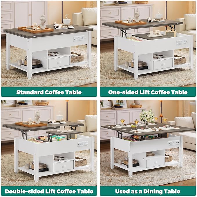 YITAHOME 4-in-1 Lift Top Coffee Table with RGB Light & Dual Tops, Multi-Function Table with Power Outlets, Storage, Converts to Dining Table Computer Desk Gaming Hub, Living Room, Home Office, White