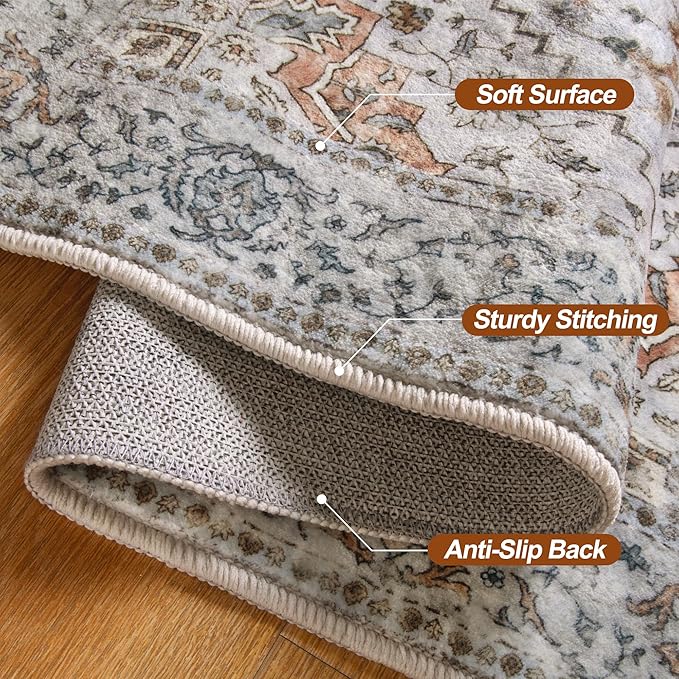 Tangsoo 5x7 Area Rug Washable Rug for Living Room, Vintage Indoor Non Slip Large Area Rugs, Print Distressed Taupe Carpet, Soft Low Pile Rug Foldable Floor Rugs for Bedroom Dining Room Dorm
