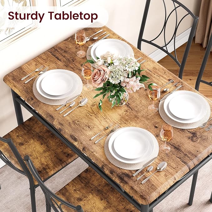 Dining Table Set for 4, Compact Kitchen Table and 4 Chairs, 5-Piece Kitchen Table Set, Space-Saving Design for Small Space, Dining Room, Apartment, Retro Brown