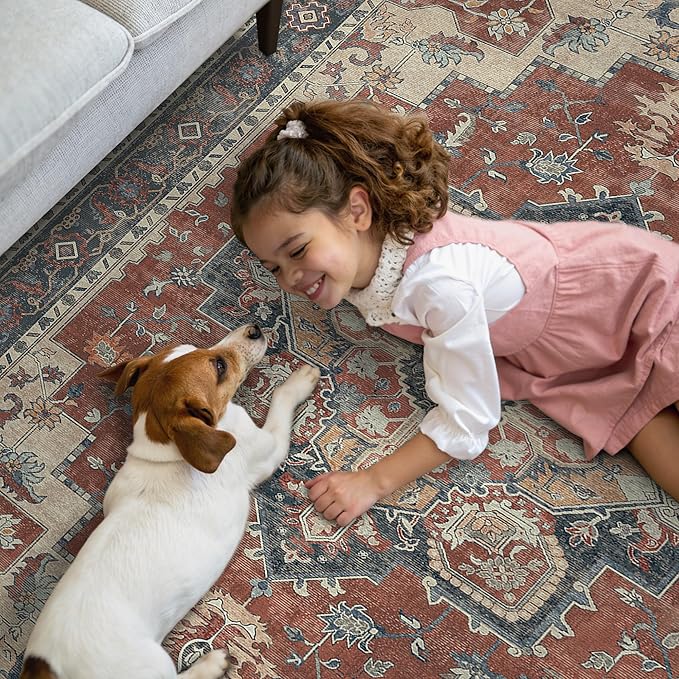 GENIMO 2'6''x12 Runner Rugs for Hallway, Machine Washable Non Slip Vintage Rugs, Low Pile Lightweight Soft Print Rug for enrtyway, Corridor, Home Office, Kitchen, Bordeaux