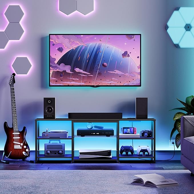 HOOBRO LED TV Stand for 65 Inch TVs with Charging Station, Gaming Entertainment Center with 3-Tier Open Storage, Long Media TV Console Table, TV Stand for Living Room, Bedroom, Black BB20UDDS01