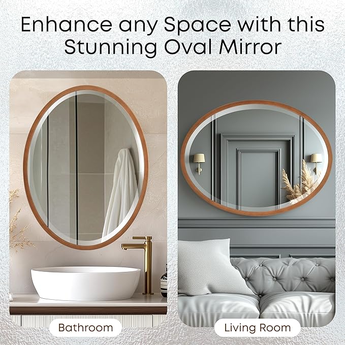 OVALCREST - Oval Wooden Beveled Wall Mirror for Home Decor, Bathroom, Vanity, Bedroom, Living Room, Hallway - London Style (Sunset Gold) 23.1 x 29.1