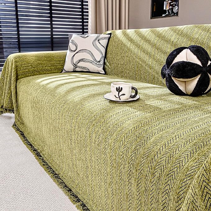 Nobildonna Sofa Cover Washable Soft Thicken Chenille Couch Cover with Tassel,Waterproof Sofa Slipcover for 2-3 Cushion Couch,Sectional Sofa,L-Shaped Furniture Protector Pet-Friendly,Green 71"x118"