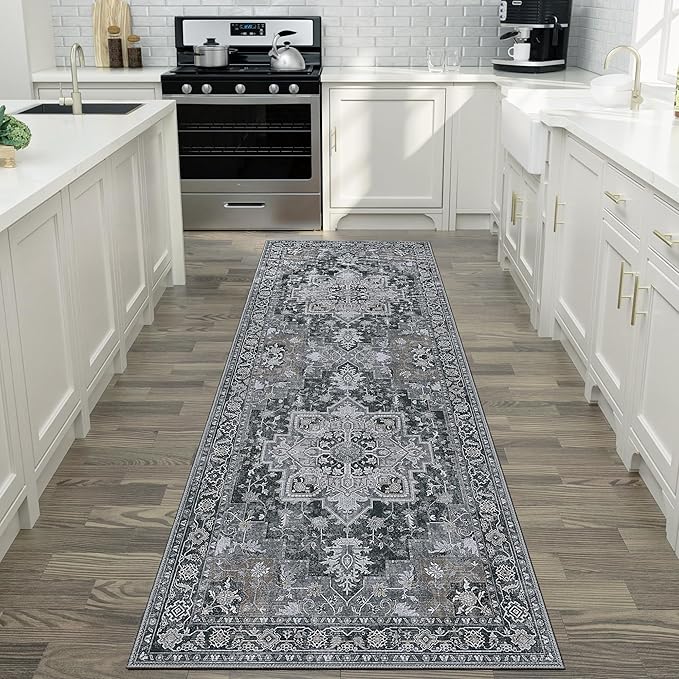 GENIMO 2'6''x12 Runner Rugs for Hallway, Machine Washable Non Slip Vintage Rugs, Low Pile Lightweight Soft Print Rug for enrtyway, Corridor, Home Office, Kitchen,Dark Gray