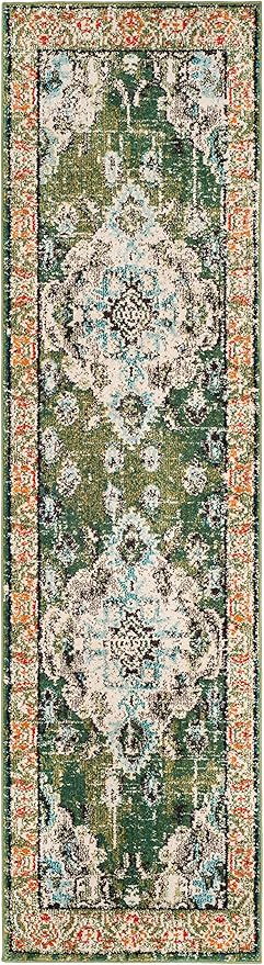 SAFAVIEH Monaco Collection Runner Rug - 2'2" x 12', Forest Green & Light Blue, Medallion Distressed Design, Non-Shedding & Easy Care, Ideal for High Traffic Areas in Living Room, Bedroom (MNC243F)