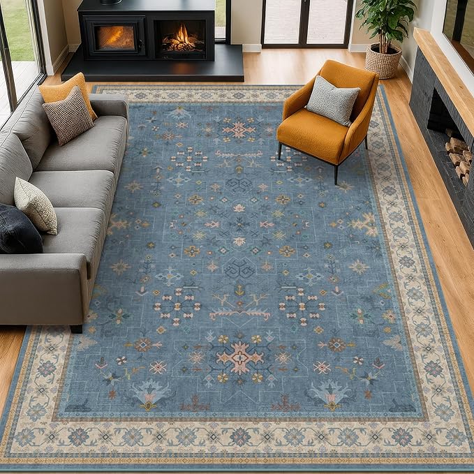 Blue Big Rugs for Living Room - Dusty Blue 10 x 14 Area Rug for Large Bedroom, Dining Room, Washable Lightweight Low Pile Foldable Eclectic Modern Floral Home Décor