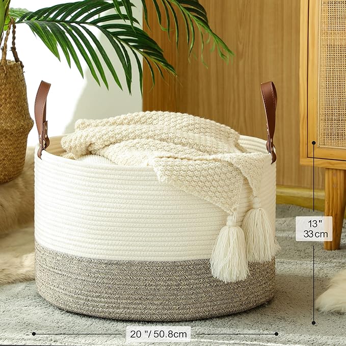 KAKAMAY Large Blanket Basket (20"x13"),Woven Baskets for storage Baby Laundry Hamper,Cotton Rope Blanket Basket for Living Room, Laundry, Nursery, Pillows, Baby Toy chest (White/Beige)