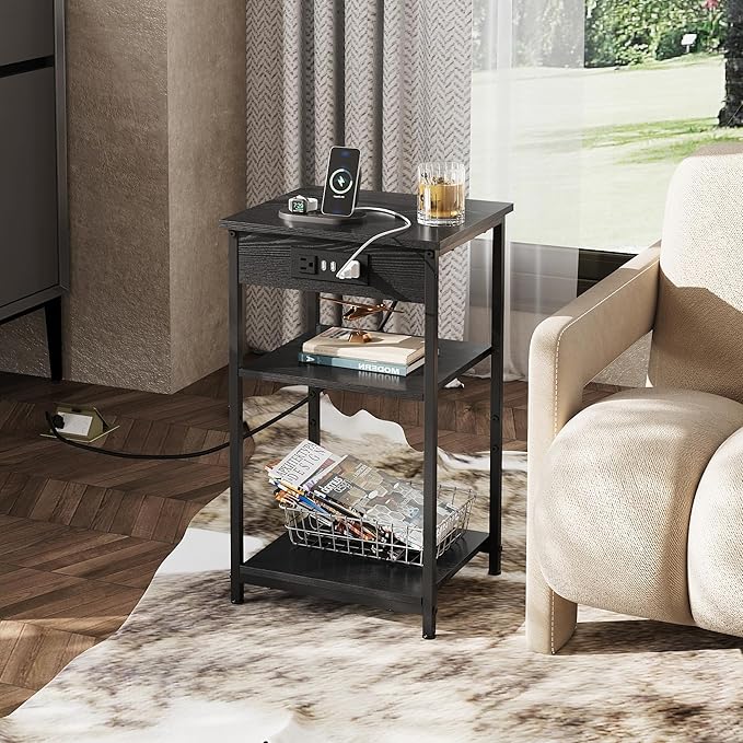 WLIVE Black End Table with Charging Station, Slim Night Stand with 3 Storage Shelves, Small Side Tables for Small Spaces, Bedside Tables for Living Room, Bedroom
