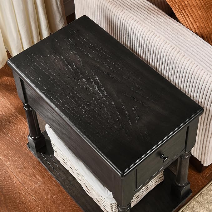 LEEMTORIG Solid Wood End Table Narrow Side Table with Drawer, Cherry Wood End Table Living Room, 13" W Slim Bedside Table Small Nightstand, 22" D x 22.7" H, No-Tools Assembly, Rustic Black BBJ-004-BK