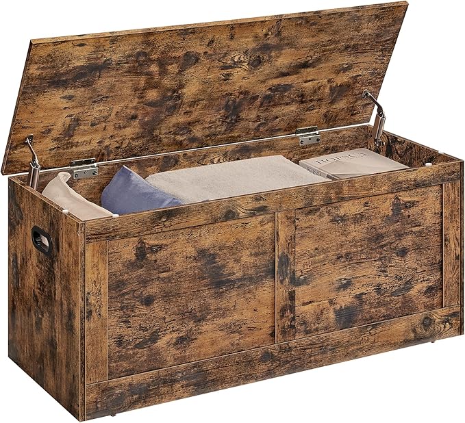 VASAGLE Storage Chest, Storage Trunk with 2 Safety Hinges, Storage Bench, Shoe Bench, Farmhouse Style, 15.7 x 39.4 x 18.3 Inches, for Entryway, Bedroom, Living Room, Rustic Brown ULSB164K01