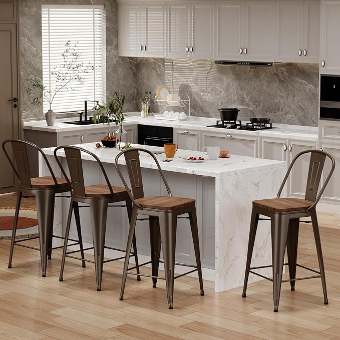 Changjie Furniture 24 Inches Metal Barstools Set of 4 Counter Height Bar Stools Industrial Stools with Backs High Back Chairs for Kitchen Island (24 Inch, Rusty)