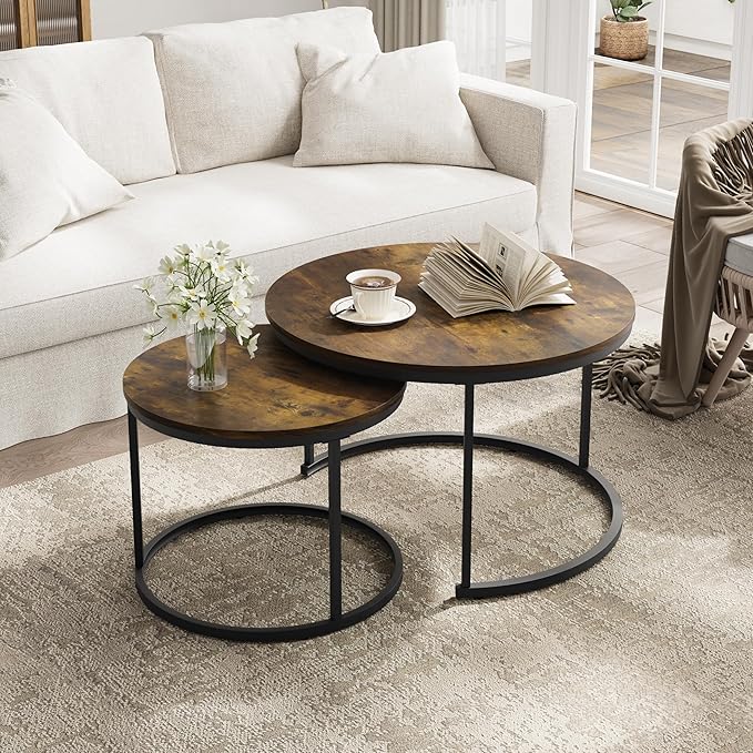Smuxee Rustic Nesting Coffee Table Set of 2, 27.6" Round Coffee Table Wooden Marble Pattern with Adjustable Non-Slip Feet, Industrial End Table for Living Room Bedroom Balcony